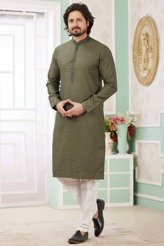 Men's green  straight kurta with embroidered art silk  and with lining