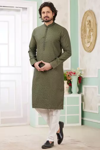 Men's green  straight kurta with embroidered art silk  and with lining