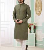Men's green  straight kurta with embroidered art silk   and with lining