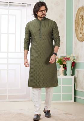 men's green  straight kurta churidar with embroidered art silk   and with lining 2
