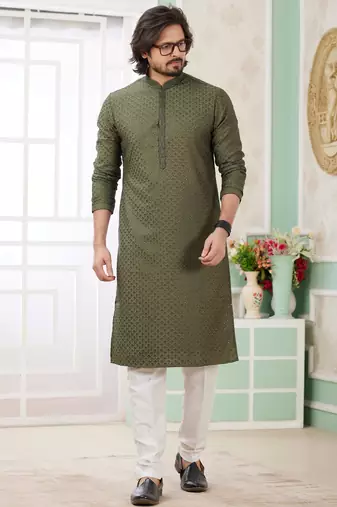 men's green  straight kurta churidar with embroidered art silk   and with lining