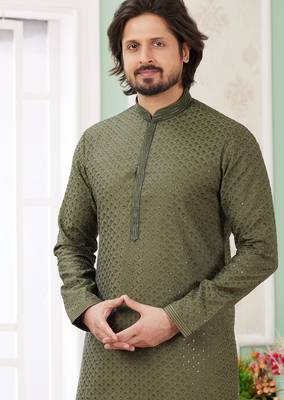 men's green  straight kurta churidar with embroidered art silk   and with lining 3