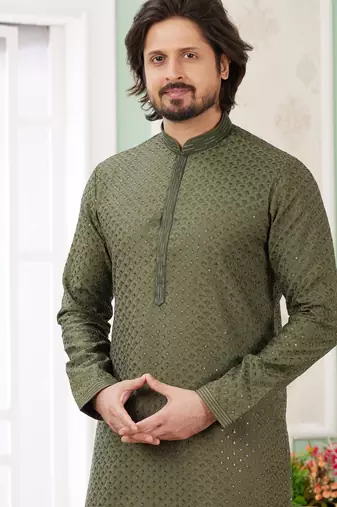 men's green  straight kurta churidar with embroidered art silk   and with lining