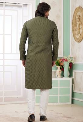 men's green  straight kurta churidar with embroidered art silk   and with lining 4