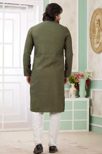 men's green  straight kurta churidar with embroidered art silk   and with lining