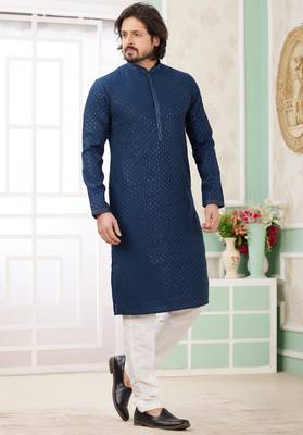 men's teal blue  straight kurta churidar with embroidered art silk   and with lining 1