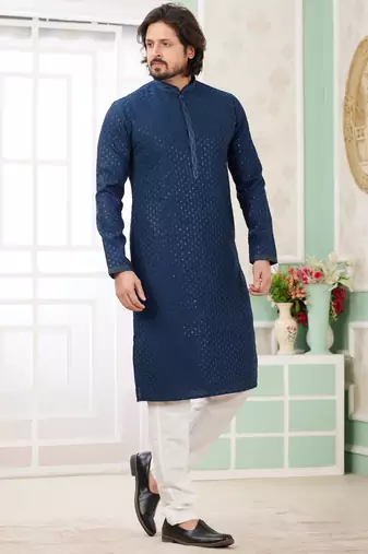Men's teal blue  straight kurta with embroidered art silk  and with lining