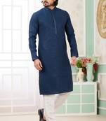 Men's teal blue  straight kurta with embroidered art silk   and with lining