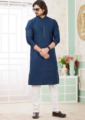 men's teal blue  straight kurta churidar with embroidered art silk   and with lining 2