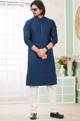 men's teal blue  straight kurta churidar with embroidered art silk   and with lining