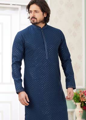 men's teal blue  straight kurta churidar with embroidered art silk   and with lining 3