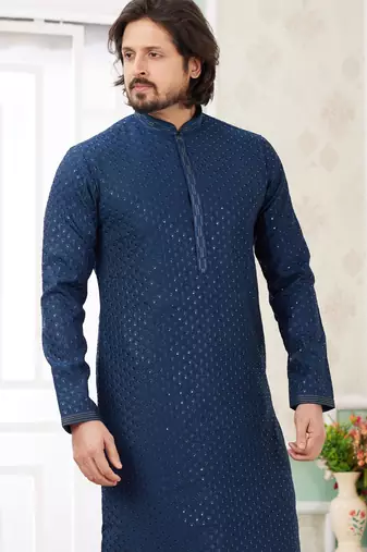 men's teal blue  straight kurta churidar with embroidered art silk   and with lining