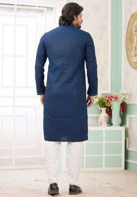 men's teal blue  straight kurta churidar with embroidered art silk   and with lining 4