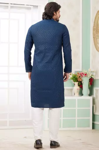 men's teal blue  straight kurta churidar with embroidered art silk   and with lining