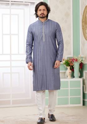 men's blue  straight kurta churidar with embroidered art silk   and with lining 1