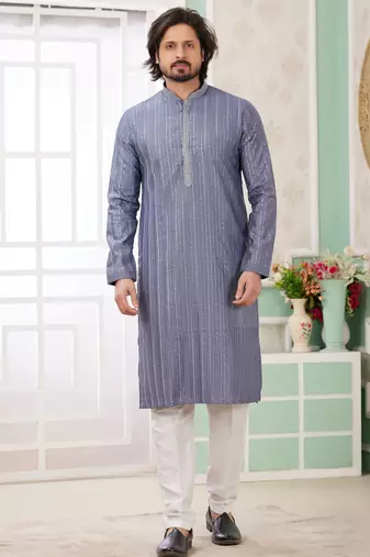 Men's blue  straight kurta with embroidered art silk  and with lining