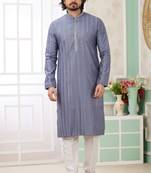 Men's blue  straight kurta with embroidered art silk   and with lining