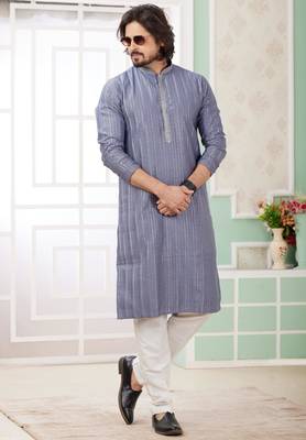 men's blue  straight kurta churidar with embroidered art silk   and with lining 2