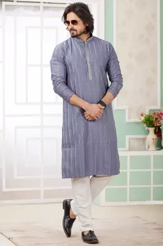 men's blue  straight kurta churidar with embroidered art silk   and with lining