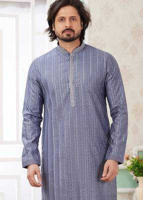 men's blue  straight kurta churidar with embroidered art silk   and with lining 3