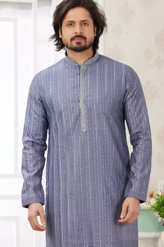 men's blue  straight kurta churidar with embroidered art silk   and with lining