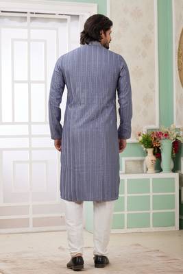 men's blue  straight kurta churidar with embroidered art silk   and with lining 4