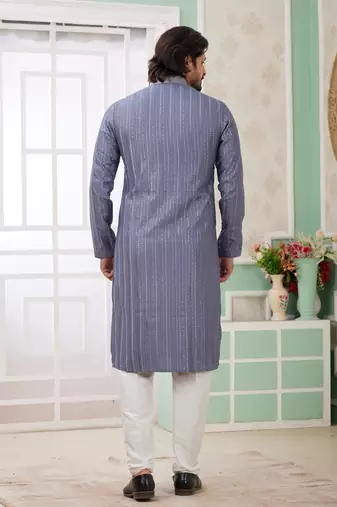 men's blue  straight kurta churidar with embroidered art silk   and with lining