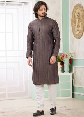 men's brown  straight kurta churidar with embroidered art silk   and with lining 1