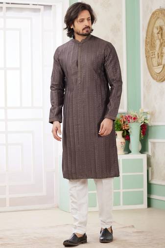 Men's brown  straight kurta with embroidered art silk  and with lining