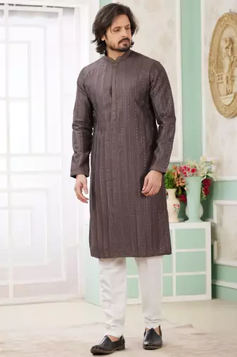 Men's brown  straight kurta with embroidered art silk  and with lining