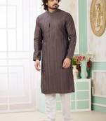 Men's brown  straight kurta with embroidered art silk   and with lining