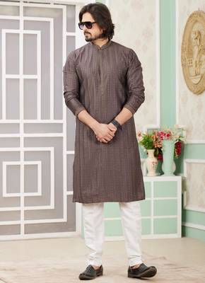 men's brown  straight kurta churidar with embroidered art silk   and with lining 2