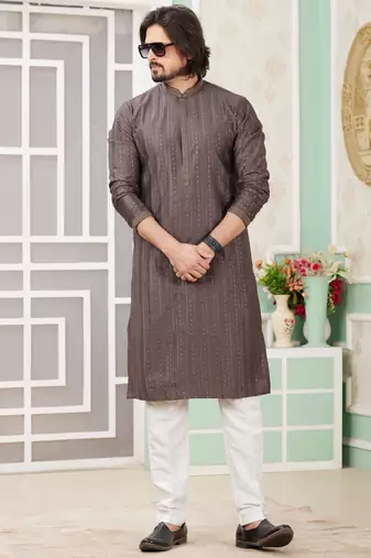 men's brown  straight kurta churidar with embroidered art silk   and with lining