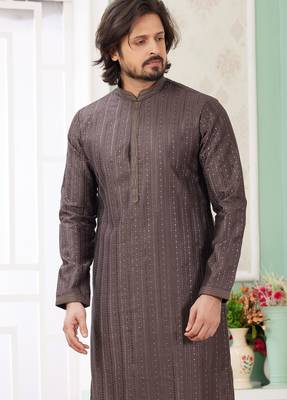 men's brown  straight kurta churidar with embroidered art silk   and with lining 3
