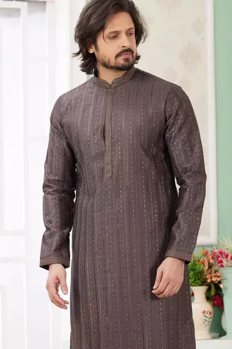 men's brown  straight kurta churidar with embroidered art silk   and with lining