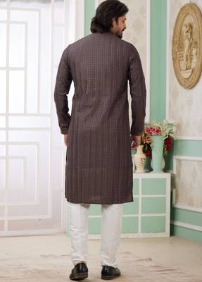men's brown  straight kurta churidar with embroidered art silk   and with lining 4