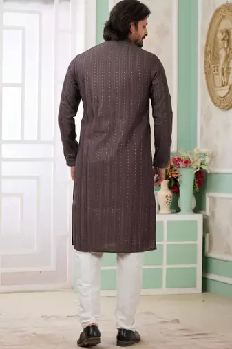 men's brown  straight kurta churidar with embroidered art silk   and with lining