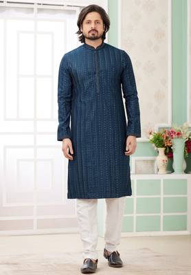 men's teal green  straight kurta churidar with embroidered art silk   and with lining 1