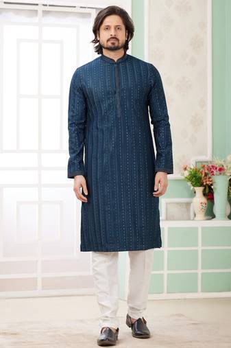 Men's teal green  straight kurta with embroidered art silk  and with lining