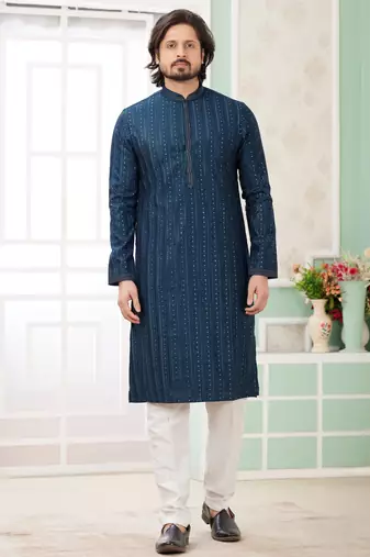 Men's teal green  straight kurta with embroidered art silk  and with lining