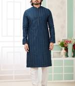 Men's teal green  straight kurta with embroidered art silk   and with lining