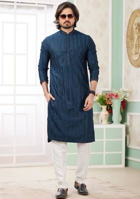 men's teal green  straight kurta churidar with embroidered art silk   and with lining 2