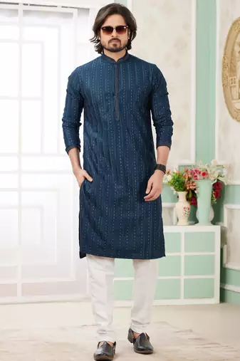 men's teal green  straight kurta churidar with embroidered art silk   and with lining