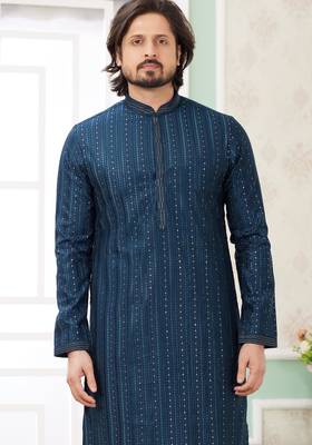 men's teal green  straight kurta churidar with embroidered art silk   and with lining 3