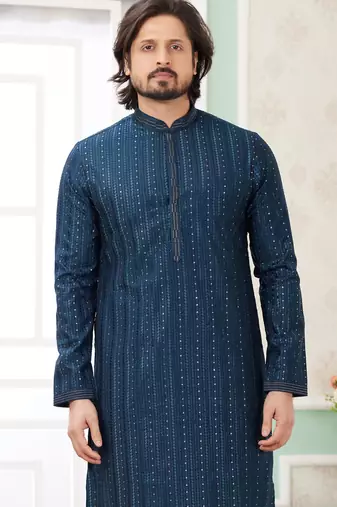 men's teal green  straight kurta churidar with embroidered art silk   and with lining