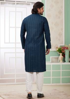 men's teal green  straight kurta churidar with embroidered art silk   and with lining 4