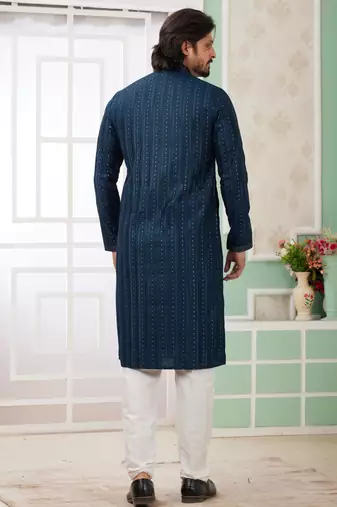 men's teal green  straight kurta churidar with embroidered art silk   and with lining