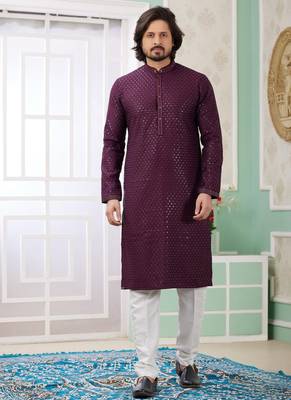 men's wine  straight kurta churidar with embroidered art silk   and with lining 1