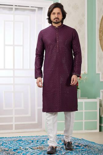 Men's wine  straight kurta with embroidered art silk  and with lining