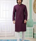 Men's wine  straight kurta with embroidered art silk   and with lining